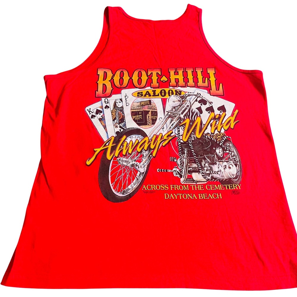 VTG Boot‎ Hill Saloon Biker Tank Top Murina USA Motorcycle Graphic Red XL Tee